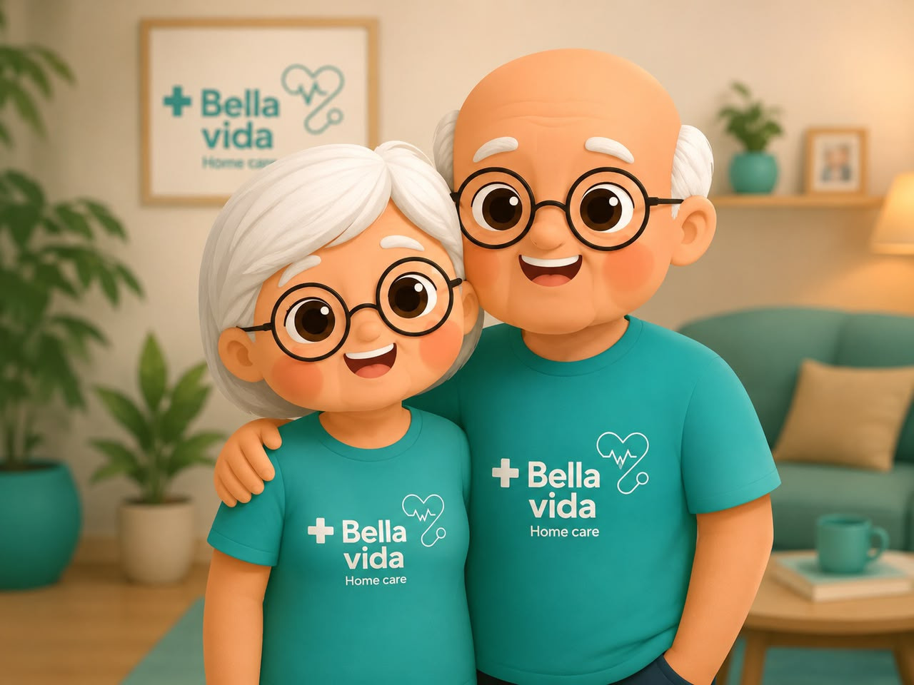 Ilustração de casal de idosos sorrindo com a identidade visual da Bella Vida Home Care